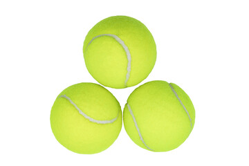 Top view of three tennis balls grouped isolated on a cutout PNG transparent background