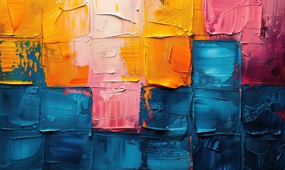 Closeup of abstract rough colorful multicolored orange blue art painting texture background banner long panorama, with oil brushstroke, - obrazy, fototapety, plakaty