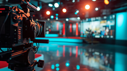 Close-up of a professional video camera in a television studio, with blurred lights and set in the background.
