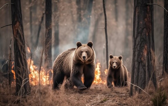 a bear with two cubs is trying to escape from a strong fire, there is fire all around, burning trees are falling, smoke and sparks from the fire, photo 