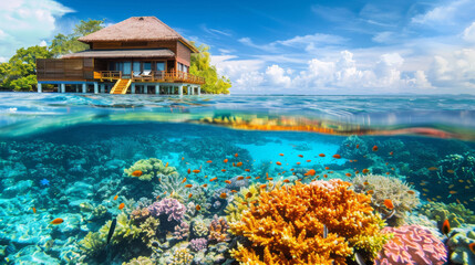 Luxurious overwater bungalow offering a stunning split view of a vibrant coral reef underwater and serene sea horizon above.