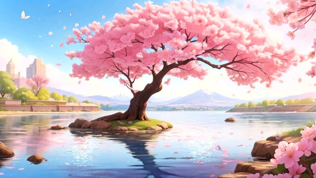 Serenity of Spring:  Cherry Blossom by the Lake. Seamless looping 4k time-lapse virtual video Animation background 