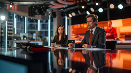 Broadcasters address news topics in a modern television studio set, hosting live talk show to present latest scandals. News anchor team introducing entertainment segment on tv network.