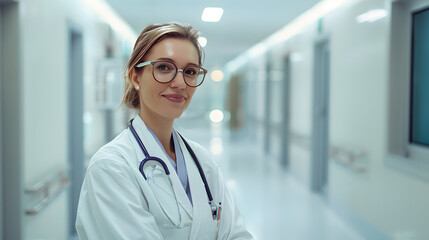 Female doctor standing in hospital corridor