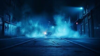 Empty scene with blue neon light. Asphalt blue street with smoke.Empyy background