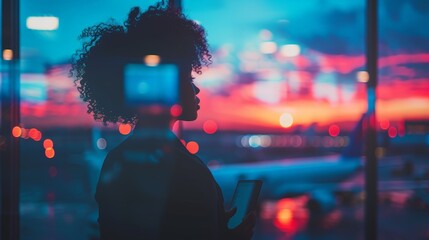 African American creative entrepreneur female businesswoman using laptop a bustling airport terminal, diverse travelers, vibrant bokeh of lights stylish entrepreneur modern business trip traveling