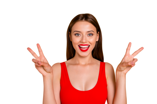 Close up photo portrait of dreamy nice glad cute pretty beautiful attractive cool lady making double peace sign looking in camera isolated background