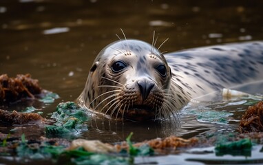 Obraz premium seal swims with a pile of plastic debris. ecological catastrophy 