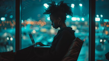 African American creative entrepreneur female businesswoman using laptop a bustling airport terminal, diverse travelers, vibrant bokeh of lights stylish entrepreneur modern business trip traveling