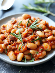  Polish ,baked beans,, White beans cooked in a thick tomato sauce, there are small pieces of sausage in the tomatoes. AI generative.