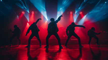 Dynamic silhouette of dancers or boys band performing on stage with striking neon lights creating a modern and energetic atmosphere. Creative fashionable neon color. capturing energy of nightlife. - obrazy, fototapety, plakaty