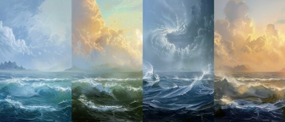 Ocean Wave Painting, Realistic, serene painting of ocean waves in various painting styles, capturing the calming effect of seascapes. - obrazy, fototapety, plakaty