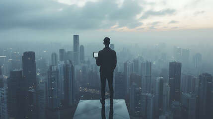 A solitary man stands on a high platform, coffee in hand, contemplating over a vast foggy cityscape at dawn.
 - obrazy, fototapety, plakaty