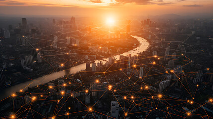 The sun sets majestically over a modern smart city, with glowing network connections illustrating the bustling digital communication and infrastructure.
