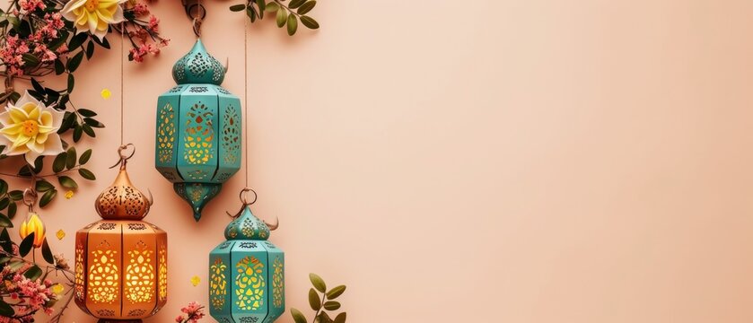 Garland with lanterns and moon adorn a festive Islamic backdrop Moroccan lanterns at night. Glittering party garlands. Ramadan kareem, Eid Mubarak. Eastern holiday design on beige background.