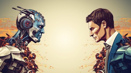 Human vs Robots concept. Business job applicant competing with artificial intelligence