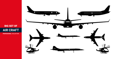 Big Set of a Different Kind of Airplane Silhouettes.  Vector airplane Icon., Flight, Flying, Landing Airplane set of icon.  - obrazy, fototapety, plakaty