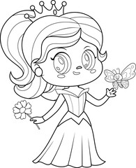 Outlined Cute Little Princess Girl Cartoon Character With Flower And Butterfly. Vector Hand Drawn Illustration Isolated On Transparent Background