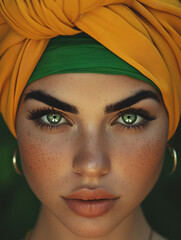 Close-up of a striking woman with vivid green eyes and a bright yellow turban, highlighting her stunning features and cultural fashion.
