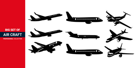Big Set of a Different Kind of Airplane Silhouettes.  Vector airplane Icon., Flight, Flying, Landing Airplane set of icon.  - obrazy, fototapety, plakaty