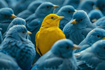 A vibrant yellow bird stands out in a crowd of identical blue birds, symbolizing individuality, uniqueness, and the courage to be different in a conformist society.