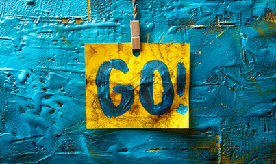 Motivational yellow sticky note with the word GO! handwritten in bold, black ink, isolated on a plain, bright background, inspiring action and urgency