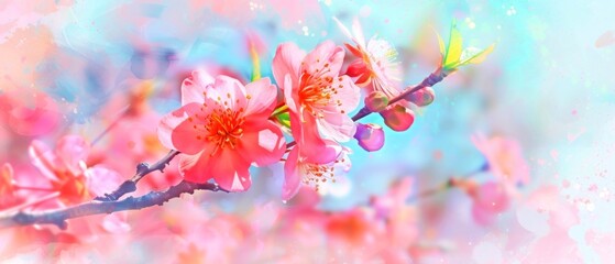Spring Watercolor Bloom, Vibrant watercolor painting of blooming flowers in springtime, Artistically painted watercolor image of colorful spring blooms.