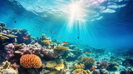 Crédence de cuisine en verre imprimé Récifs coralliens Underwater view of a colorful sea coral reef with fishes. Ocean ecosystem. Generative AI