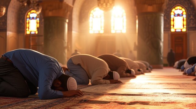 Muslim men in prostration during prayer in a mosque at sunset Muslim men praying in Mosque interior.