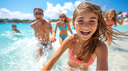 Happy children in swimwear laughing and splashing in crystal clear ocean waters on a sunny day.
