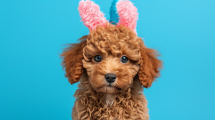 A delightful poodle puppy dons fluffy pink and blue bunny ears, giving a curious look against a bright blue background.
