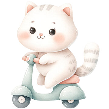 cute watercolor animal riding scooter