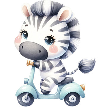 cute watercolor animal riding scooter