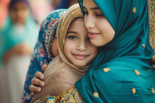 Muslim family hug in eid mubarak celebration 