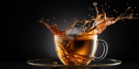 Close-up view of a stream of tea pouring into a cup, Cup of tea on black background - obrazy, fototapety, plakaty