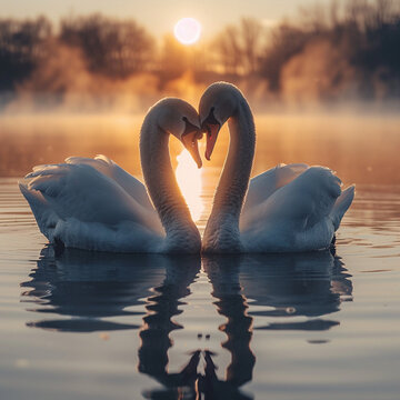 Love symbol in the form of a heart around the neck of two white swans kissing each other on a lake at sunrise, Birds of Love