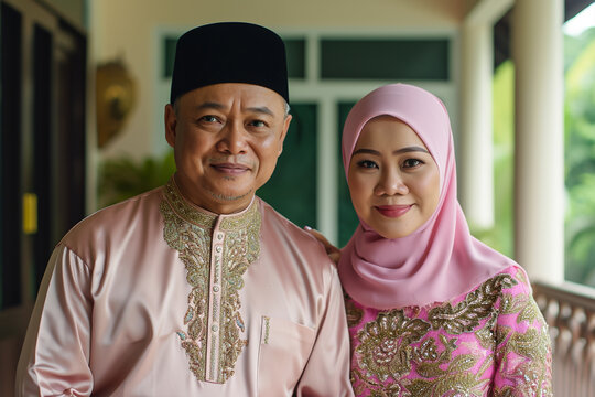 Portrait of a Malay Muslim couple welcoming their guest for the celebration of Hari Raya 