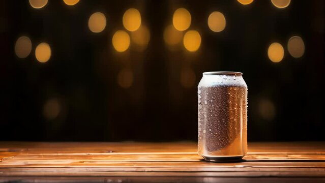 Glistening soda can on a wooden table with delicate water droplets on wooden background,