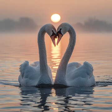 Love symbol in the form of a heart around the neck of two white swans kissing each other on a lake at sunrise, Birds of Love
