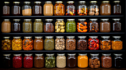 Various foods pickled in glass jars on a wooden shelf