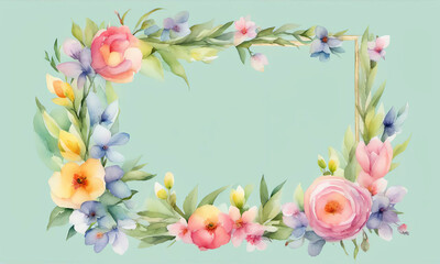 Watercolor floral frame with spring flowers on aquamarine background