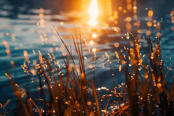 the sun rays shine in on grass near the water surface