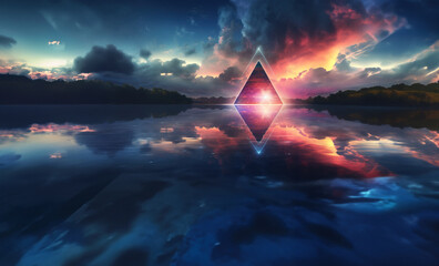 Neon Triangle Illuminating a Mystical Lake at Dusk, created with Generative AI technology