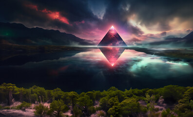 Neon Triangle Illuminating a Mystical Lake at Dusk, created with Generative AI technology
