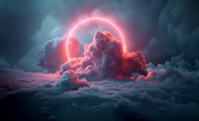 Surreal Neon Halo Above Clouds Reflecting on Tranquil Waters, created with Generative AI technology
