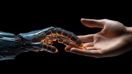 Robot hand making contact with human hand on dark background 3D rendering - obrazy, fototapety, plakaty