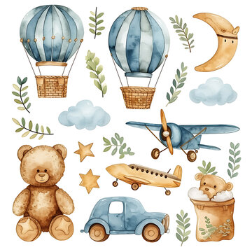 Watercolor illustrations of a teddy bear, airplane, car, and hot air balloons.
