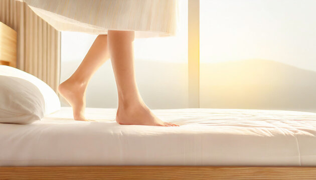 Female Foot Relax Concept.Woman Body Legs Bed Awaking Morning Relax Step.Side view.Copy space.