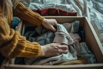 Fototapeta premium A woman organizing her clothes in a box while standing next to her bed indoors