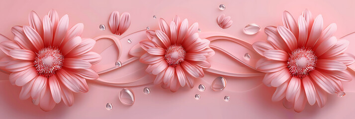 three pink flowers placed on pink background in the s - obrazy, fototapety, plakaty